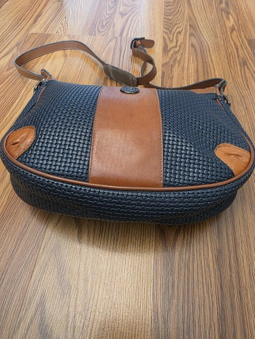 Vintage John Romain Navy Blue Tan Two Tone Shoulder Bag Crossbody Purse Textured